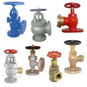 Seven angle valves in blue, grey, red, bronze and brass bodies with flanged and threaded ends