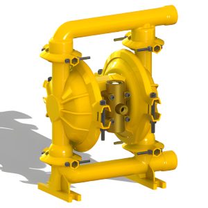 Yellow diaphragm pump seen from the front, with pipe manifold