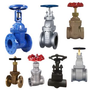 Seven gate valves in blue, grey, brass and black bodies with flanged and threaded ends