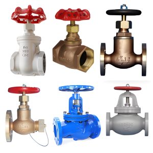 Six globe-style valves with handwheels in grey, brass, blue and bronze bodies