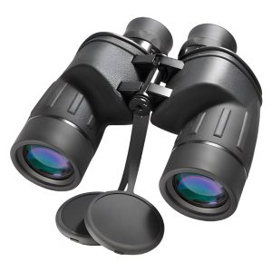 Black binoculars with attached lens caps