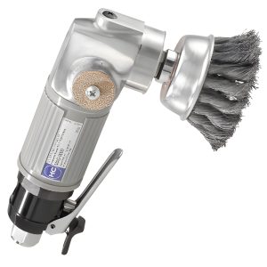 Grey air-powered derusting tool with a steel wire cup brush