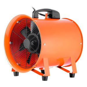 Orange portable ventilation fan with handle, guard and feet