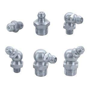 Six steel grease nipples, straight and angled