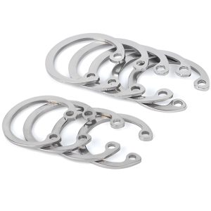 Silver internal circlips stacked together