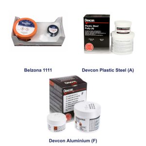 Belzona and Devcon repair compounds: Belzona 1111, Devcon Plastic Steel Putty (A) and Devcon Aluminium Putty (F)