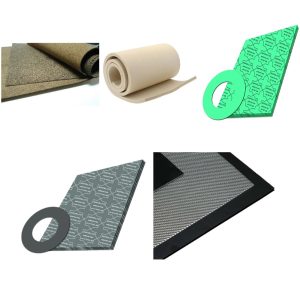 Cork sheet, felt sheet, green general purpose gasket sheet, dark grey GP-200 steel gasket sheet and black graphite tanged sheet