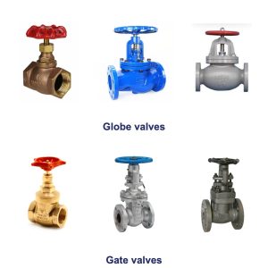 Gate and globe valves: three globe valves above and three gate valves below, in bronze, cast iron and steel