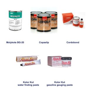 Molykote, Copaslip and Cordobond with Kolor Kut water finding paste and gasoline gauging paste