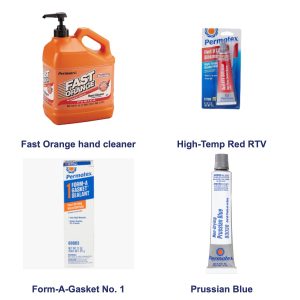 Permatex products: Fast Orange hand cleaner, High-Temp Red RTV, Form-A-Gasket and Prussian Blue