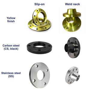 Slip-on and weld neck flanges in yellow finish, black carbon steel and stainless steel